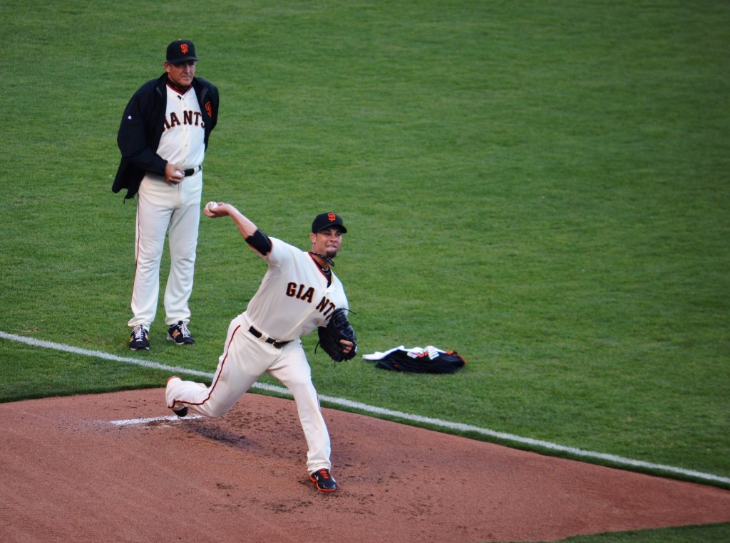 Ryan Vogelsong warms up before the start of last night's game--he pitched well but was victimized by fielding goofs and a lack of hitting by his mates.